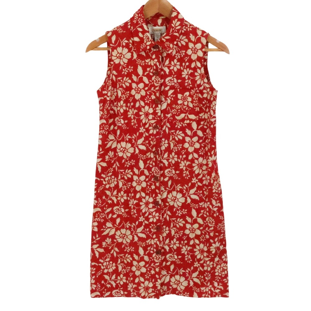 Talbots Floral Linen Blend Button Shirt Dress Womens Size 2P Red Preppy Tropical